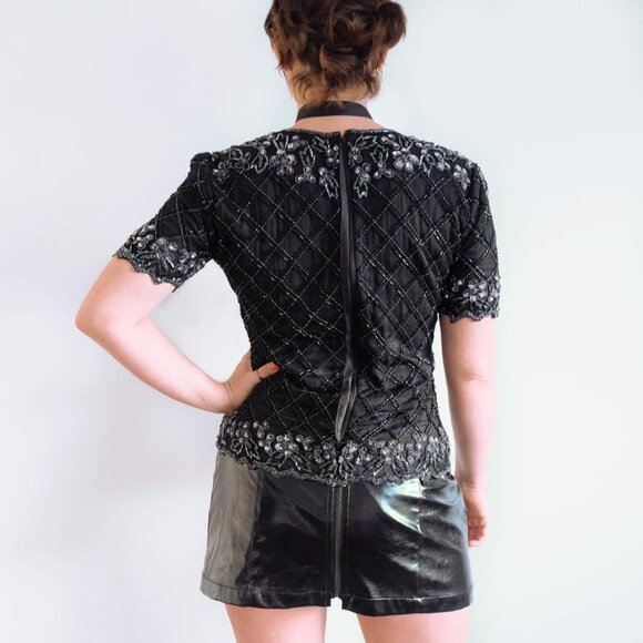 Stenay Vintage 80'S Floral Sequin Beaded Mesh Trim Blouse Black - Picture 2 of 14